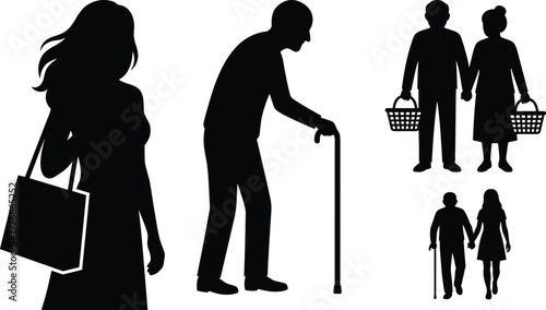 People silhouette collection with shopping woman, elderly man with cane and couple carrying baskets, lifestyle black vector illustration isolated on white background