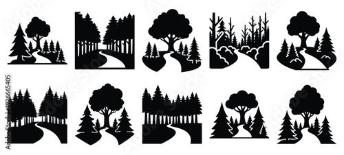 silhouette nature forest path drawing icons and set of graphics nature elements