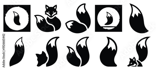 silhouette nature fox tail drawing icons and set of graphics nature elements