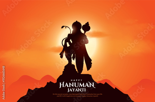Happy Hanuman Jayanti Janmotsav Greeting Design, Lord Hanuman Silhouette Background. A Hindu festival celebrated of lord hanuman birthday.