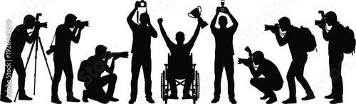 Photographers silhouette capturing disabled athlete in wheelchair celebrating victory with trophy, media press coverage black vector illustration isolated on white background