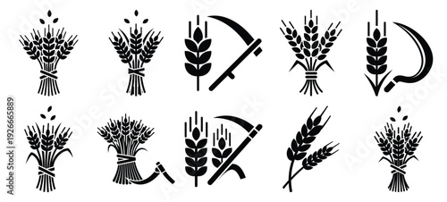 silhouette nature harvest wheat drawing icons and set of graphics nature elements