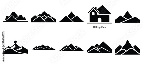silhouette nature hilltop view drawing icons and set of graphics nature elements