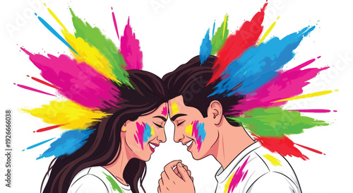Couple celebrating with vibrant colors possibly during a holi festival