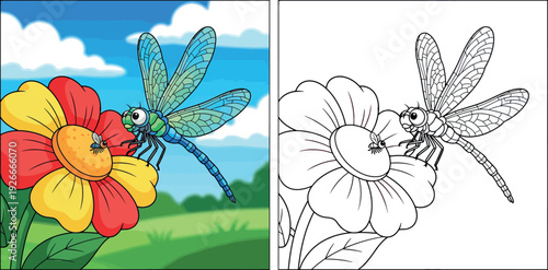 Cartoon green and blue dragonfly hovering over a red and yellow flower with a small fly, vector illustration