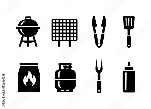 Barbecue grill equipment: charcoal grill, grill grate, tongs, spatula, barbecue fork, charcoal bag, propane tank, sauce bottle
