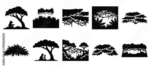 silhouette nature jungle canopy drawing icons and set of graphics nature elements
