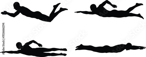 Swimming silhouettes set with athletes performing freestyle strokes, water sport black vector illustration isolated on white background for fitness and competition design