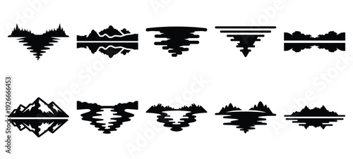 silhouette nature lake reflection drawing icons and set of graphics nature elements