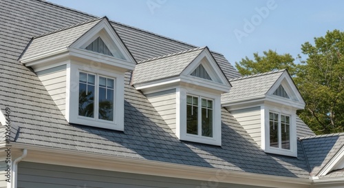 Three white gabled dormer windows on a grey shingled roof of a modern house