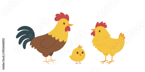 Cute chicken family vector illustration. Rooster, hen and chick. Farm animal cartoon characters set. Isolated on white background. Nursery and Easter design.
