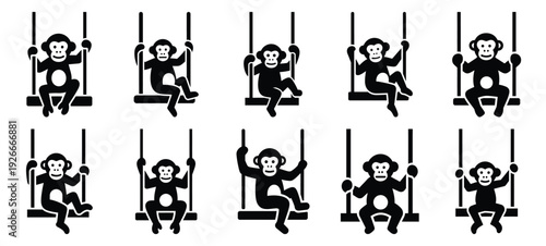 silhouette nature monkey swing drawing icons and set of graphics nature elements
