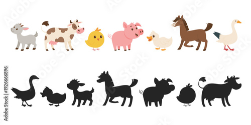Farm animals shadow matching game vector worksheet with cute cartoon livestock characters and silhouette shapes. Preschool educational activity for kids isolated on white background.