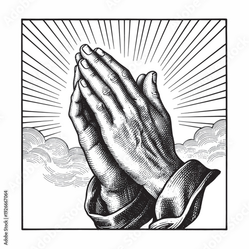 Praying hands with radiant rays laser engraving design, vintage woodcut vector illustration, detailed hand drawn ink line art prayer gesture with clouds for CNC engraving