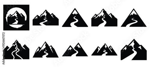 silhouette nature mountain trail drawing icons and set of graphics nature elements