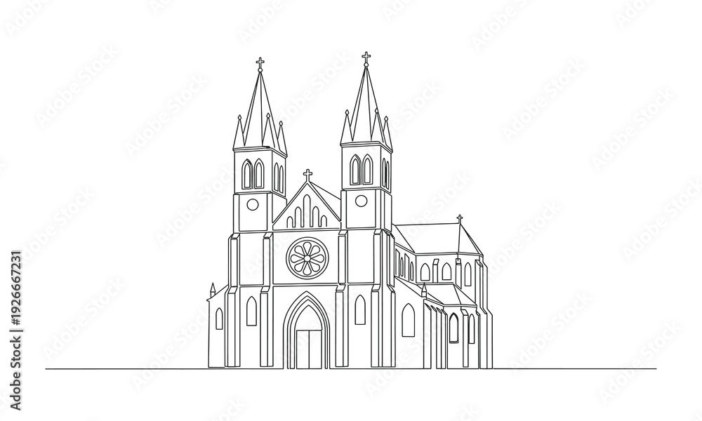 Fototapeta premium Single continuous line drawing of a church building. Continuous one simple single abstract line drawing of old church icon in silhouette on a white background