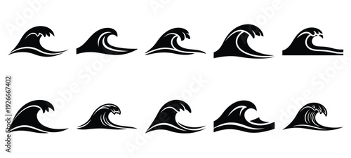 silhouette nature ocean wave drawing icons and set of graphics nature elements