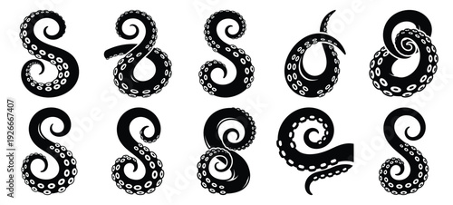 silhouette nature octopus tentacle drawing icons and set of graphics nature elements