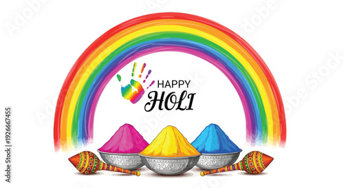 A vibrant rainbow and colorful powders celebrate the festival of holi