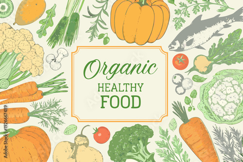 A colorful illustration showcasing a variety of organic fruits vegetables and fish