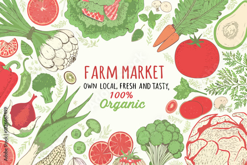 A vibrant illustration of various fresh fruits and vegetables arranged artfully