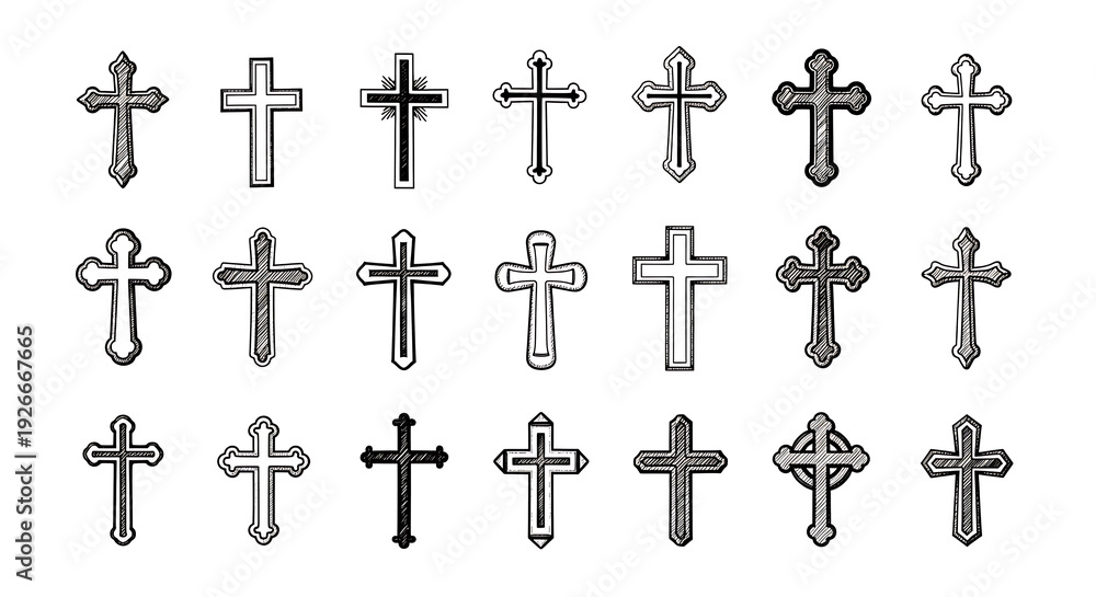 Fototapeta premium Collection of black and white crucifix silhouettes and outlines