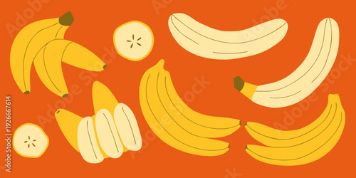 A colorful illustration depicting various shapes and stages of bananas
