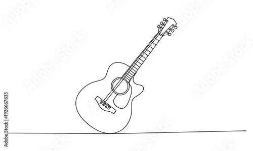Continuous one line drawing of an acoustic guitar, minimalist style music and electric system isolated outline vector illustration