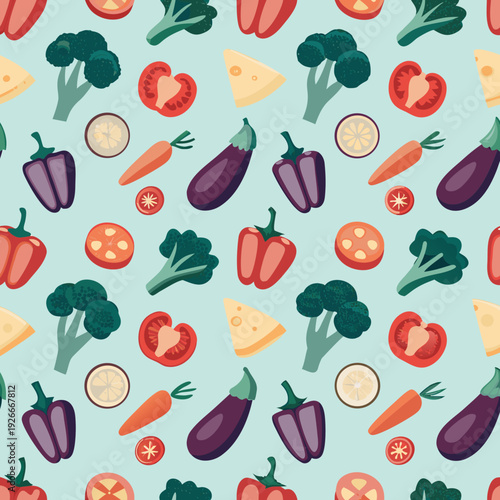 Colorful pattern of various fresh vegetables and fruits on a light background