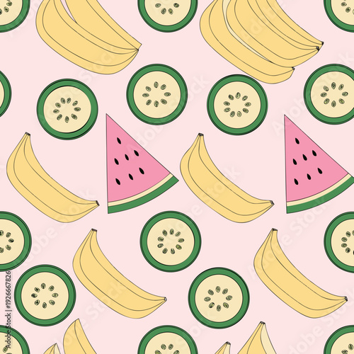 Colorful pattern featuring bananas watermelon slices and kiwi fruit