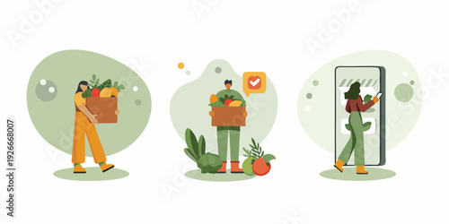 People carrying baskets of produce with a phone displaying a checkmark