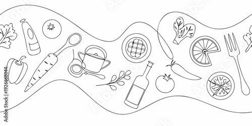 A hand drawn line art border featuring various picnic and food items