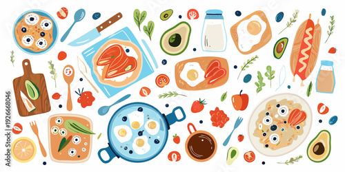 Colorful illustration depicting various foods including breakfast items and fresh produce