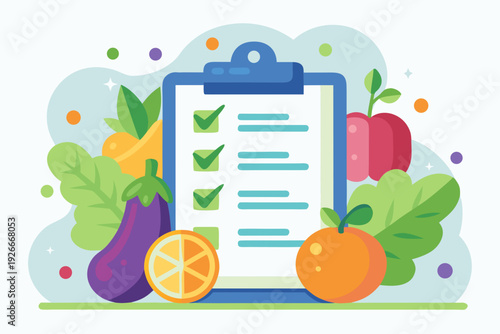 Healthy eating checklist with fresh fruits and vegetables illustration