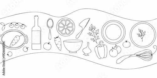 Line art illustration depicting a table setting with food and kitchen items