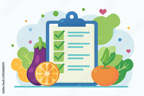 Healthy eating checklist with fresh fruits and vegetables displayed nearby