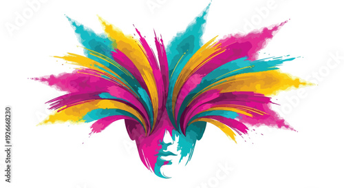 Vibrant portrait of a woman with colorful powder splashes on her face during Holi Festival, conveying a joyful mood with bright pink, yellow, and blue hues against a clean white background