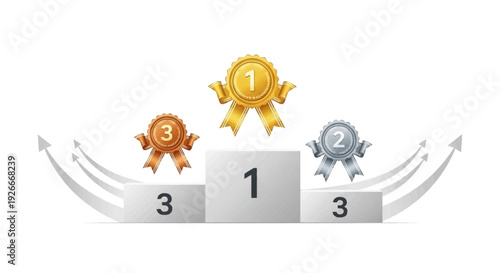 Iconic winner's podium with gleaming gold, silver, and bronze medals, representing success, achievement, and competitive excellence, complemented by upward trending arrows for progress and aspiration