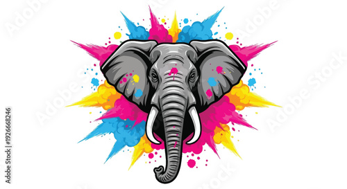 Colorful explosion of paint surrounds the head of an elephant