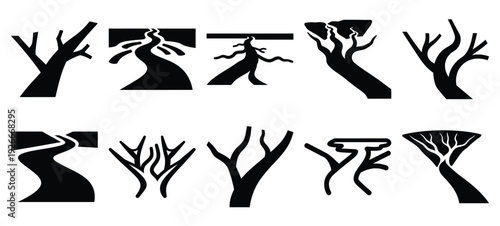 silhouette nature river delta drawing icons and set of graphics nature elements
