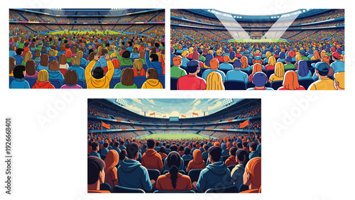 Vibrant Stadium Illustration Showing Crowd of People United in Sport Celebration and Support During Exciting Championship Event Atmosphere.