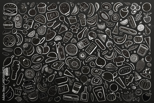 Chalkboard drawing of a diverse collection of food and drink items