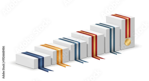 Ascending blocks with ribbons and medals symbolizing achievement and competition success on a white background