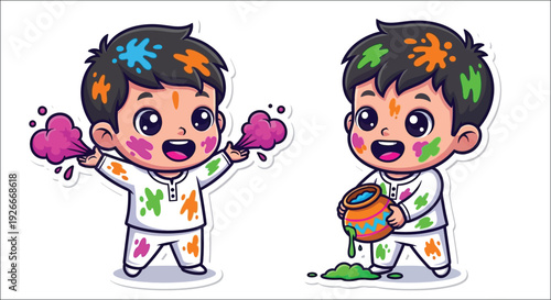 Two cartoon boys covered in colorful paint celebrating holi festival