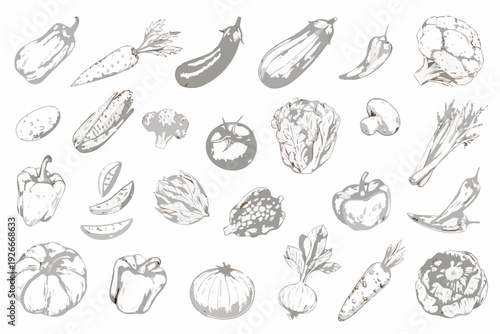 A collection of hand drawn vegetables and fruits in grayscale tones