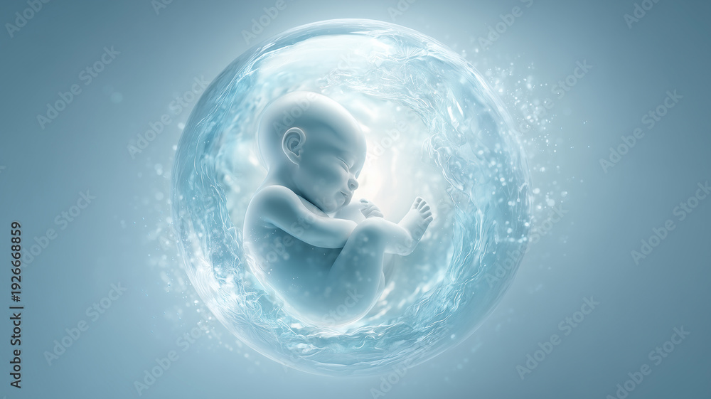 Fototapeta premium 生命の起源：神秘的な光に包まれた胎児のイラスト