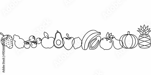 A whimsical line drawing depicts a variety of fruits arranged horizontally