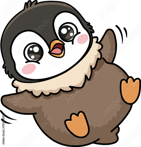Joyful fluffy Pesto penguin chick waving wings, cute happy kawaii character, king penguin expressing delight and success, cartoon bird vector illustration isolated on white background design.