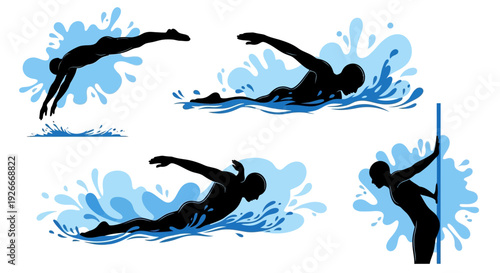 Collection of dynamic swimming and diving poses with splashes of water, showcasing athletic skill and aquatic activities