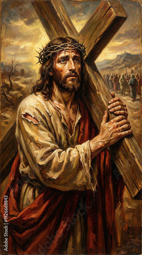 imagen artistica pintada de Jesucristo portando la cruz y la corona de espinas en el monte de los olivos